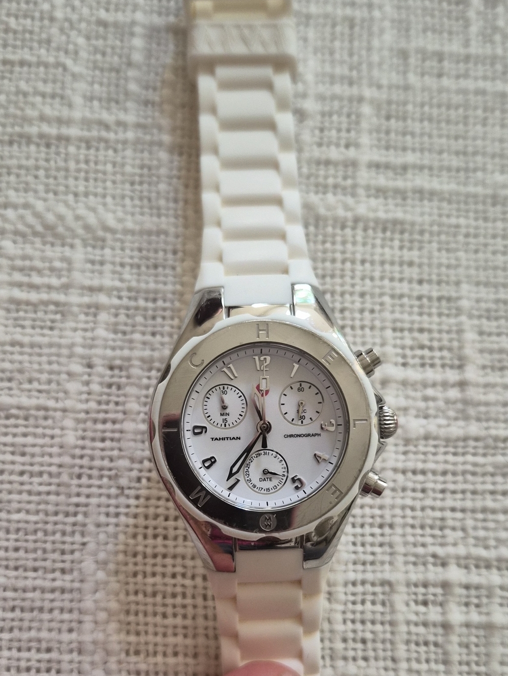 Michele White and Silver Tahitian Chronograph Watch